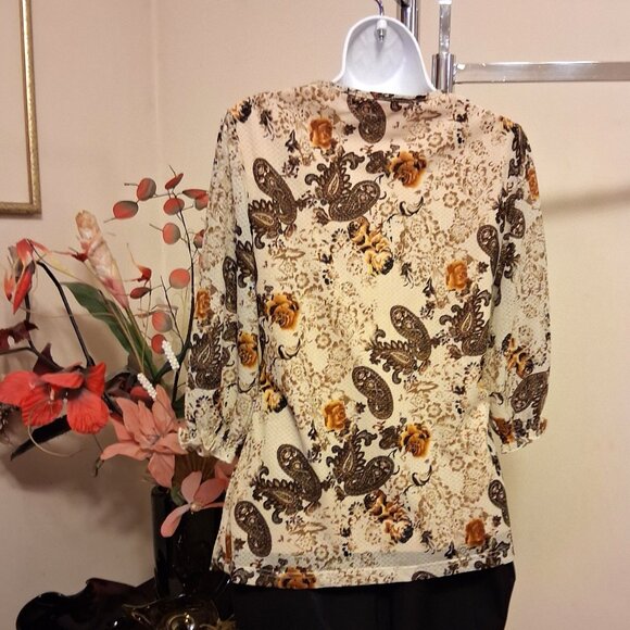 NWT Women's Light Yellow Brown Printed Lined Blouse ¾ Sleeve Pleated Top 8 M - Picture 5 of 9